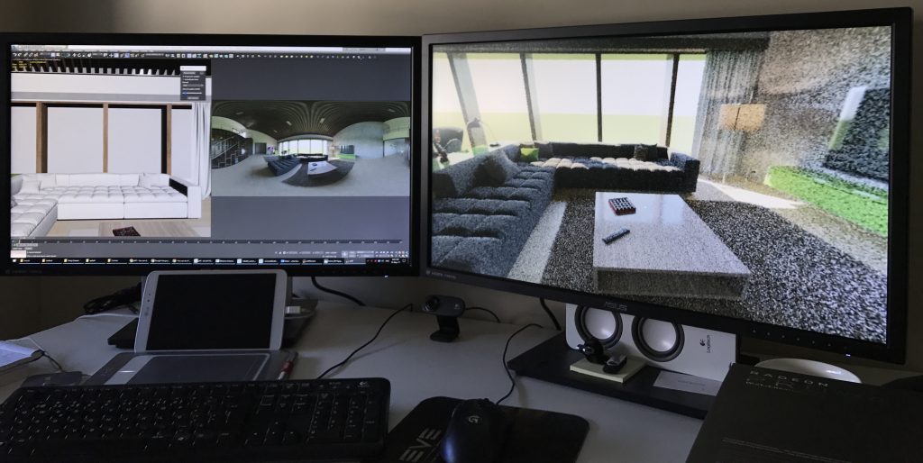 yVR (on the right-hand monitor) with a Corona Renderer VR scene