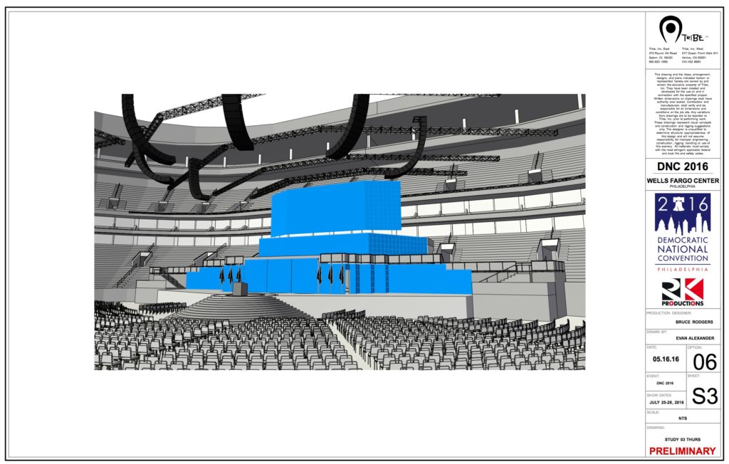 Evan Alexander, Vectorworks OpenGL render of the CAD for the 2016 Democratic National Convention. Production Designer: Bruce Rodgers.