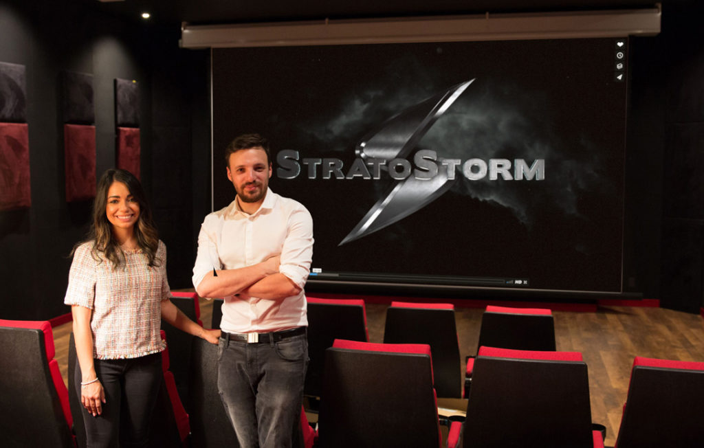 Stratostorm, Founders Helena Hilario and Mario Pece in the 4K screening room at the L.A. location