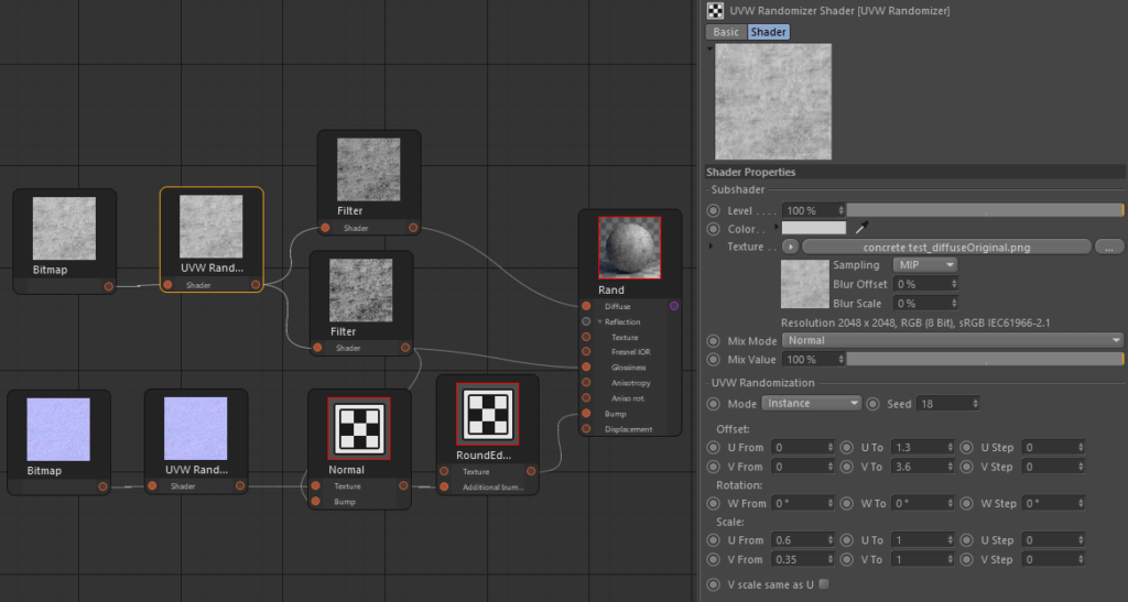 Corona Renderer for Cinema 4D, UVW Randomizer material set up