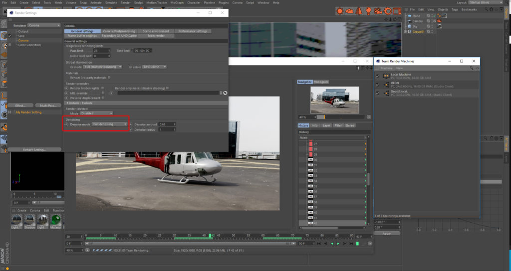 Corona Renderer for Cinema 4D, Team Render allows denoising, stopping by Noise and Time limits