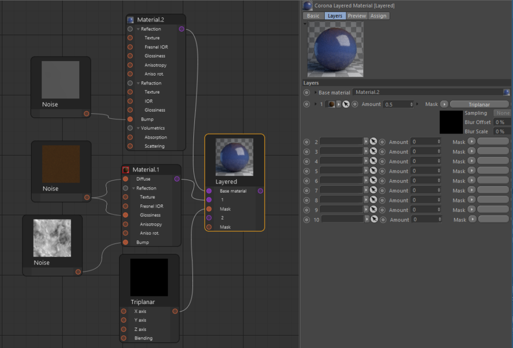 Corona Renderer for Cinema 4D, material set up using Triplanar as a mask between layers