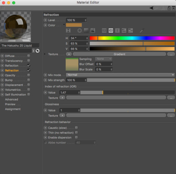 David Turfitt, Corona Renderer for Cinema 4D, the Refraction settings for the liquid