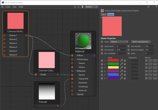 Corona Renderer 5 for Cinema 4D - The Corona Multi Shader set up for the balloon scene