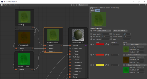 Corona Renderer 5 for Cinema 4D - The material set up for the grass scene - in this case, one bitmap is filtered to give three different variations for the Multi Shader to randomize between