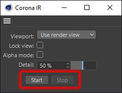 Corona Renderer 5 for Cinema 4D - The Start and Stop buttons in the viewport IR dialog