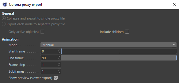Corona Renderer 5 for Cinema 4D, the animation options when creating a Proxy