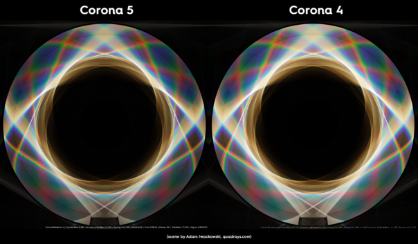 Corona Renderer 5 for Cinema 4D -  caustics improvements, prism scene comparison