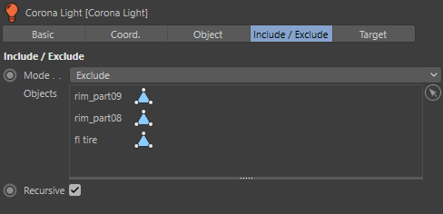 Corona Renderer 5 for Cinema 4D - The Exclude list for the Corona Light, which meant that caustics should NOT be calculated from that light
