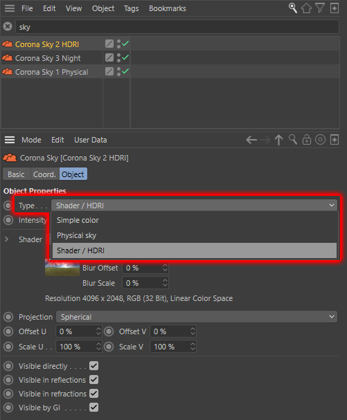 Corona Renderer 5 for Cinema 4D - The new Corona Sky object has 3 Types to choose from