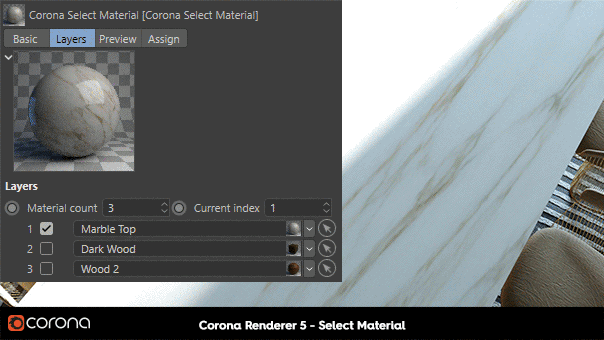Corona Renderer 5 for Cinema 4D - The Select Shader acts like a self-contained Material or Map library stored with the object