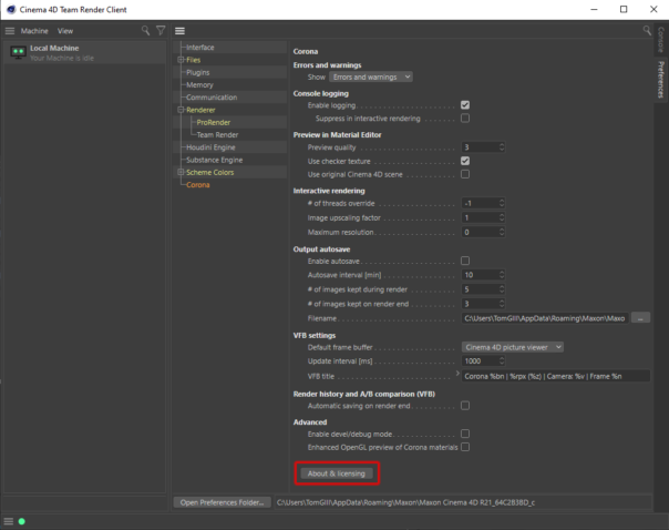 Corona Renderer 5 for Cinema 4D: "About & Licensing" can now also be found under the Preferences, which lets you open and use it in the Team Render Client too.