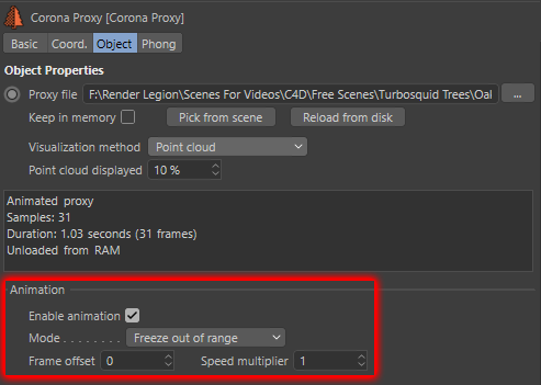 Corona Renderer 5 for Cinema 4D, the animation options in the Corona Proxy
