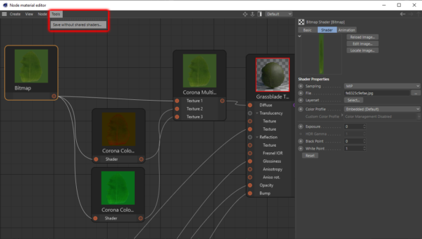 Corona Renderer 5 for Cinema 4D - The Node Material Editor has an option to save a copy of the scene, turning Shared shaders into regular copied shaders.