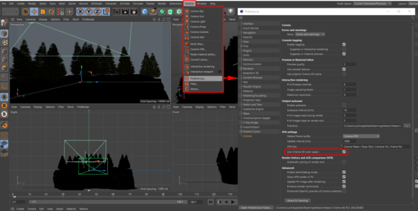 Corona Renderer 6 for Cinema 4D - UI grab, showing where to enable or disable using the Cinema 4D color space in the VFB