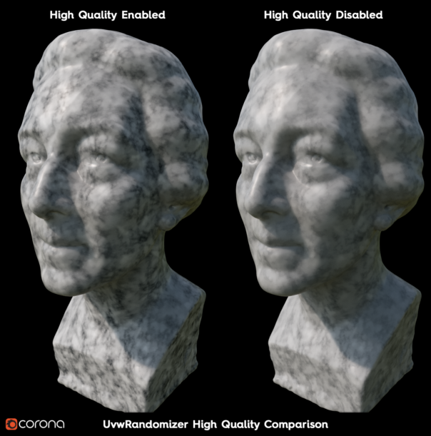 Corona Renderer 6 for Cinema 4D - High Quality checkbox comparison for the new texture randomization