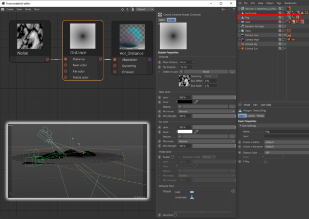 Corona Renderer 6 for Cinema 4D - Distance Shader, example set up for ground-hugging fog