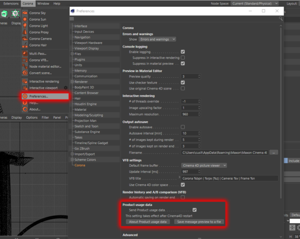 Corona Renderer 6 for Cinema 4D - optional anonymous product usage data, checkbox to enable or disable in the Preferences