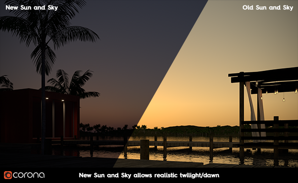 Corona Renderer 6 for Cinema 4D - New Sun and Sky allows realistic twilight/dawn