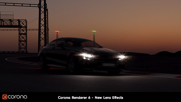 Corona Renderer 6, new Lens Effects, car on racetrack example