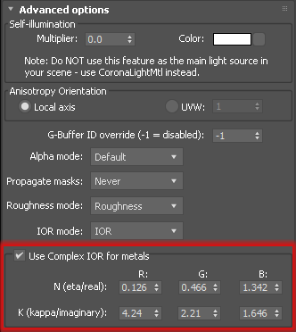 Corona Renderer 7 for 3ds Max - the Complex IOR parameters for the Physical Material in Metal mode
