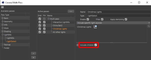 Corona Renderer 7 for Cinema 4D - you can specify whether a LightSelect should include the children of any lights included in it