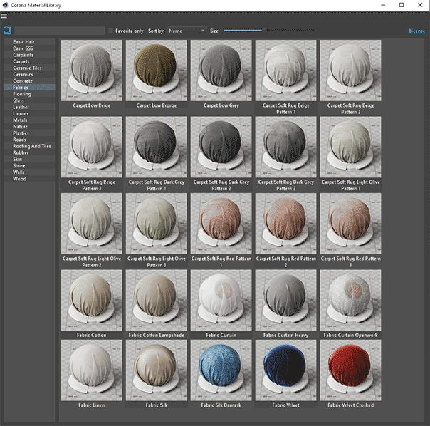 Corona Renderer 7 for Cinema 4D - some example categories from the Corona Material Library