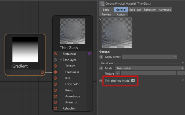 Corona Renderer 7 for Cinema 4D - Glossiness / Roughness will affect reflection and refraction even with Thin Mode enabled